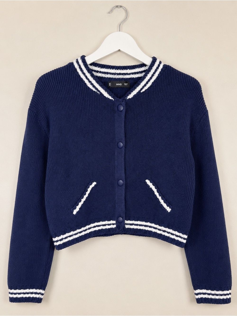 Mango Navy and White Cropped Cardigan